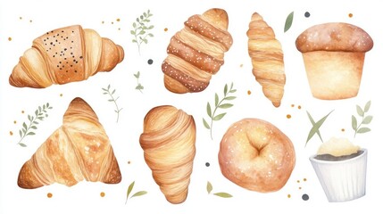 A Delightful Watercolor Collection of Pastries: Croissants, Muffins, and Bagels