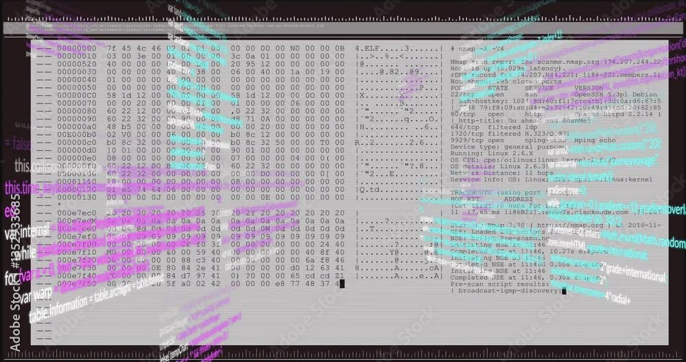 Poster animation of colorful digital glitch effects overlaying hexadecimal code data