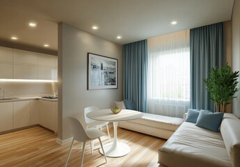 A modern interior living space with integrated dining and kitchen