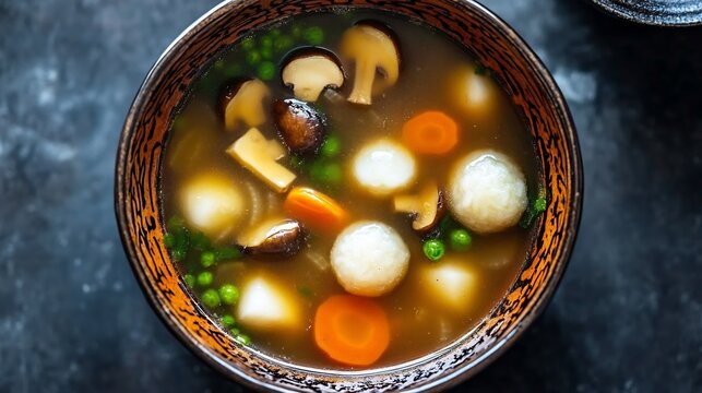 Top down view of Japanese ozoni soup mochi mushrooms and vegetables in a clear broth served in a traditional lacquer bowl