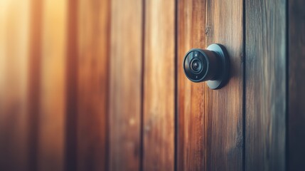 Obraz premium High-Quality Security Camera Mounted on a Wooden Wall Surface