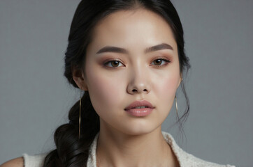 Close-Up Portrait of Person with Defined Features and Blue Winged Eyeliner, Soft Makeup Look on Neutral Background