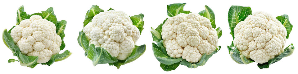 Four fresh cauliflowers, each surrounded by vibrant green leaves, arranged as a healthy cruciferous display.