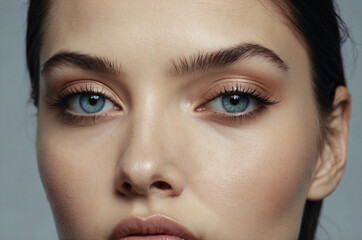 Close-Up Portrait of Person with Defined Features and Blue Winged Eyeliner, Soft Makeup Look on Neutral Background