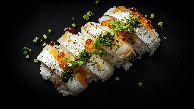 Top down view of Japanese tai meshi steamed rice sea bream garnished with green onions served on a black background
