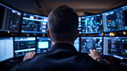 Cybersecurity specialist monitoring systems. Concept of digital protection. Security vigilance: expertise, technology, prevention, and safety in every action.  
