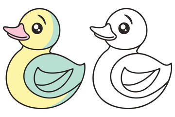 Two Cartoon Rubber Ducks One Colored, One Black and White Outlined on White