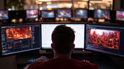 Video game developer designing games. Concept of interactive entertainment. Creative development: imagination, technology, innovation, and fun in every game.  
