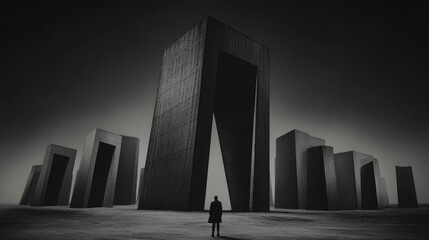Solitary figure confronts monumental architecture in a grayscale landscape