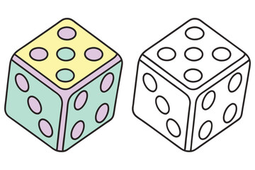 Two Isometric Dices, One in Pastel Color and Second is a Black Line Cartoon
