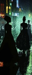 Silhouetted figures walk in a rainy cityscape.