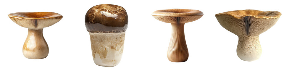 Four brown tan fungi showing varied cap stem shapes stand erect together.