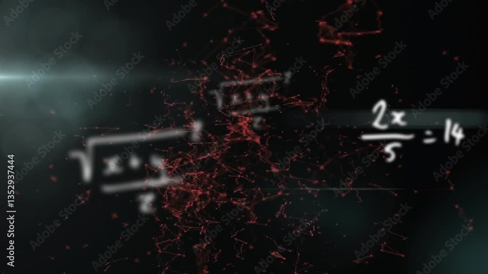Poster animation of mathematical equations and red network connections on dark background