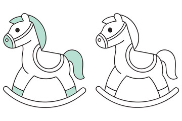 Two Rocking Horses Outlines, One with Teal Accents, Isolated on White Background