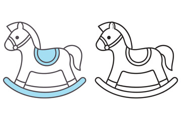 Two Rocking Horses, One Cyan Colored, Outlined Against White, Simple, Isolated, Toy