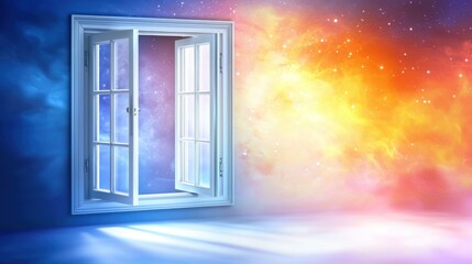 Open window shows contrasting cosmos views, one bright, one dark, with light