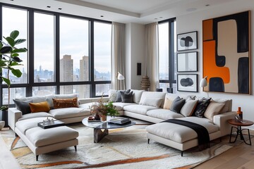 modern living room with neutral sofa, art prints, floor to ceiling windows, curated lifestyle design