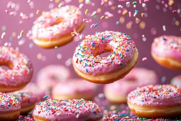 A bunch of delicious donuts with sprinkles falling down on a dark pink background