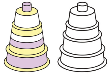 Two Towers with Five Tiered, Black Outline, Pastel Colors Isolated