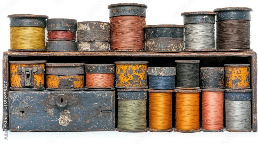 Poster Old wooden box filled with spools of various colored threads stacked neatly