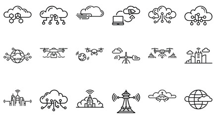IoT and Cloud Computing Technology Icons Drones, Smart City, and Data Transfer