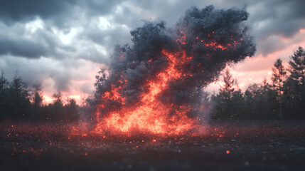 Large fire with smoke and flames against a dramatic sky and forest trees