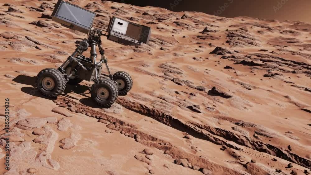 Poster robotic rover navigating rocky red terrain with multiple wheels, solar panel extended, exploring rug