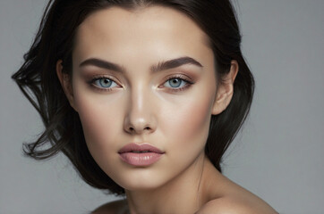 Close-Up Portrait of Person with Defined Features and Blue Winged Eyeliner, Soft Makeup Look on Neutral Background