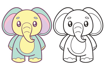 Adorable Elephant Cartoon with Pastel Colors and Line Art Version