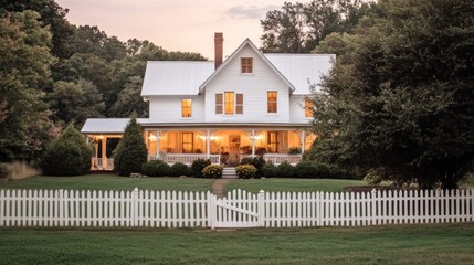 A beautifully restored farmhouse with white picket fences and warm glowing windows --ar 16:9 --v 6.1 Job ID: 50bf58b0-aec9-4cb5-a396-84f36814b195