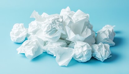 Pile of crumpled paper on light blue background