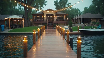 A waterfront home with lights and a dock on the water