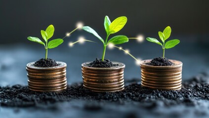 Three plants growing from stacks of coins in a dark background