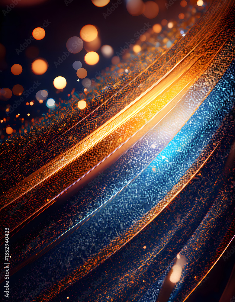 Aufkleber abstract image with flowing lines of gold and blue, interspersed with glowing bokeh lights on a dark