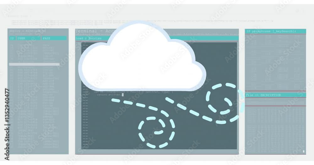 Poster animation of cloud icon with dotted path on computer terminal interface with code