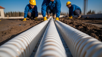 Workers install plastic pipes in trench for water, sewerage, electricity, fiber optics in urban center. Construction of drinking water plumbing pipeline repair in springtime. Man in safety gloves
