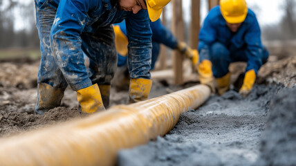 Workers install plastic pipes in trench for water, sewerage, electricity, fiber optics in urban center. Construction of drinking water plumbing pipeline repair in springtime. Man in safety gloves
