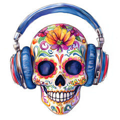 Colorful sugar skull with headphones enjoying music for cinco de mayo, the mexican holiday