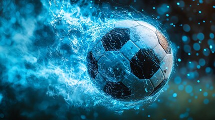 Fiery soccer ball in motion, blue flames.