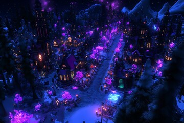 A fantastic illuminated town at nighttime with purplish elements