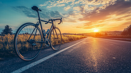A racing bicycle on an empty road at sunrise