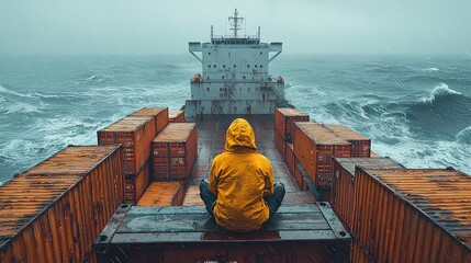 Person meditating on cargo ship during storm, ocean waves crashing, dramatic seascape; travel, adventure imagery