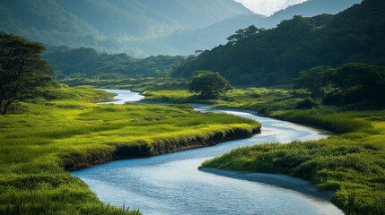 A peaceful river meandering through a lush valley