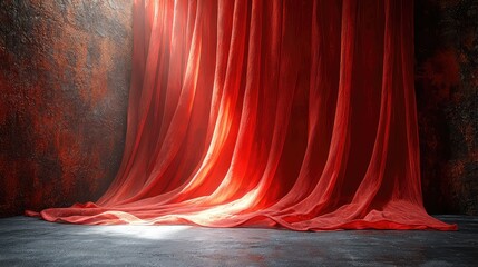 Red velvet curtain backdrop, dramatic lighting, grunge wall, stage setting, product photography