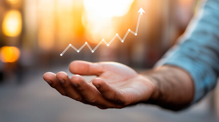 Smiling businessman presenting futuristic financial growth analytics
