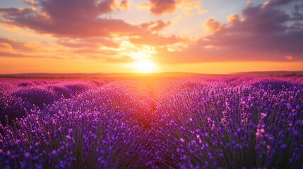 Field of lavender flowers under a golden sunset