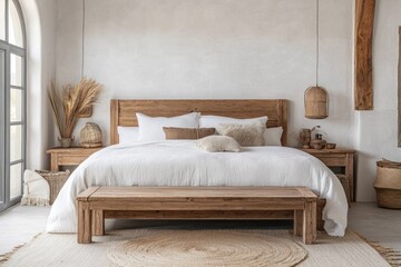 A beautifully decorated bedroom featuring wooden furniture and neutral tones