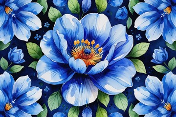 Blue Themed Watercolor Vector Background with Passionate Floral Design