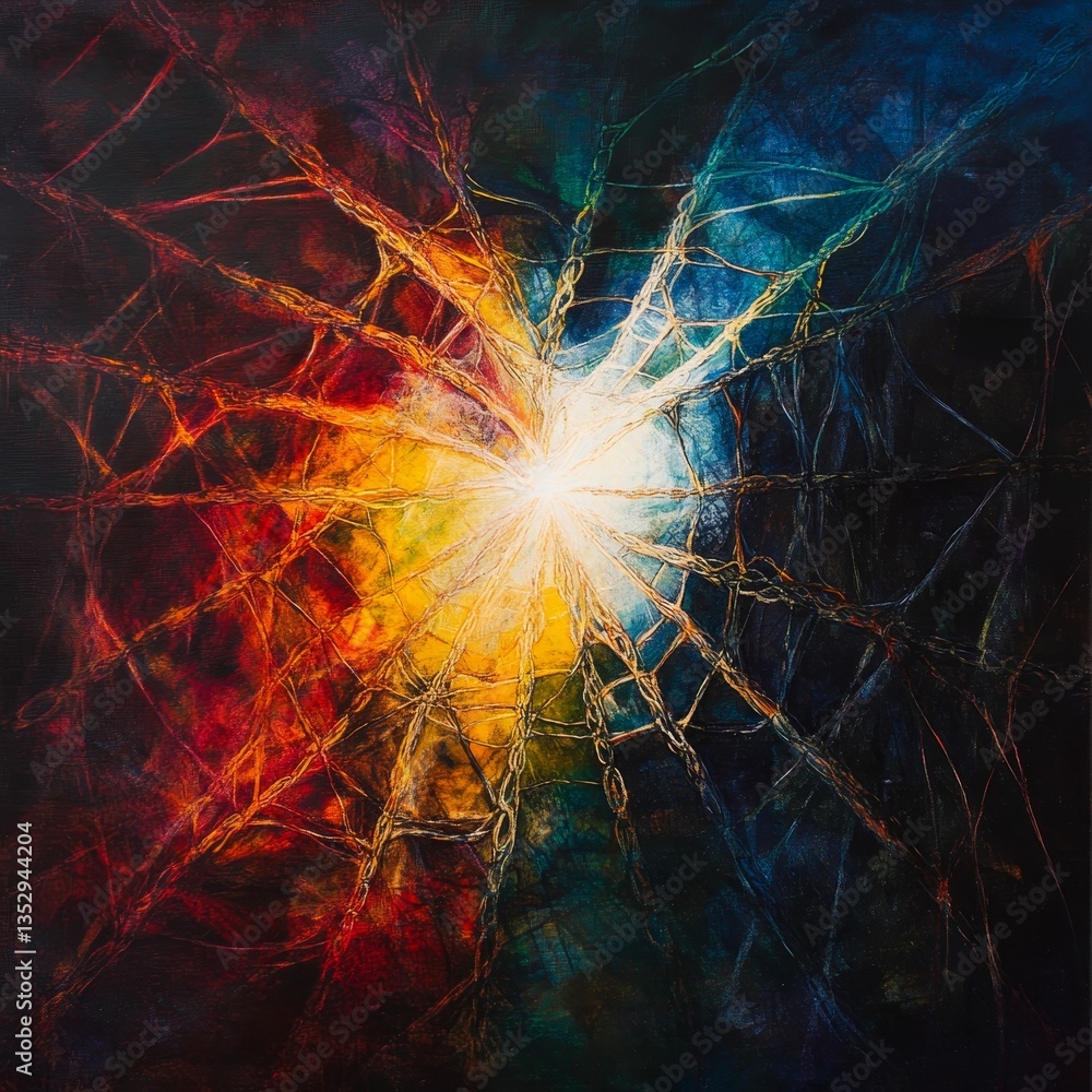 Poster colorful explosion with connected web-like strands.