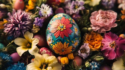 A brightly painted Easter egg surrounded by colorful blooming flowers